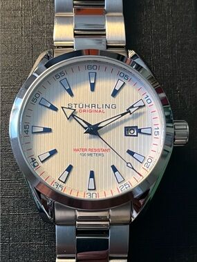 Stührling Original Stainless Steel Men's Watch - White Dial, Blue Accents